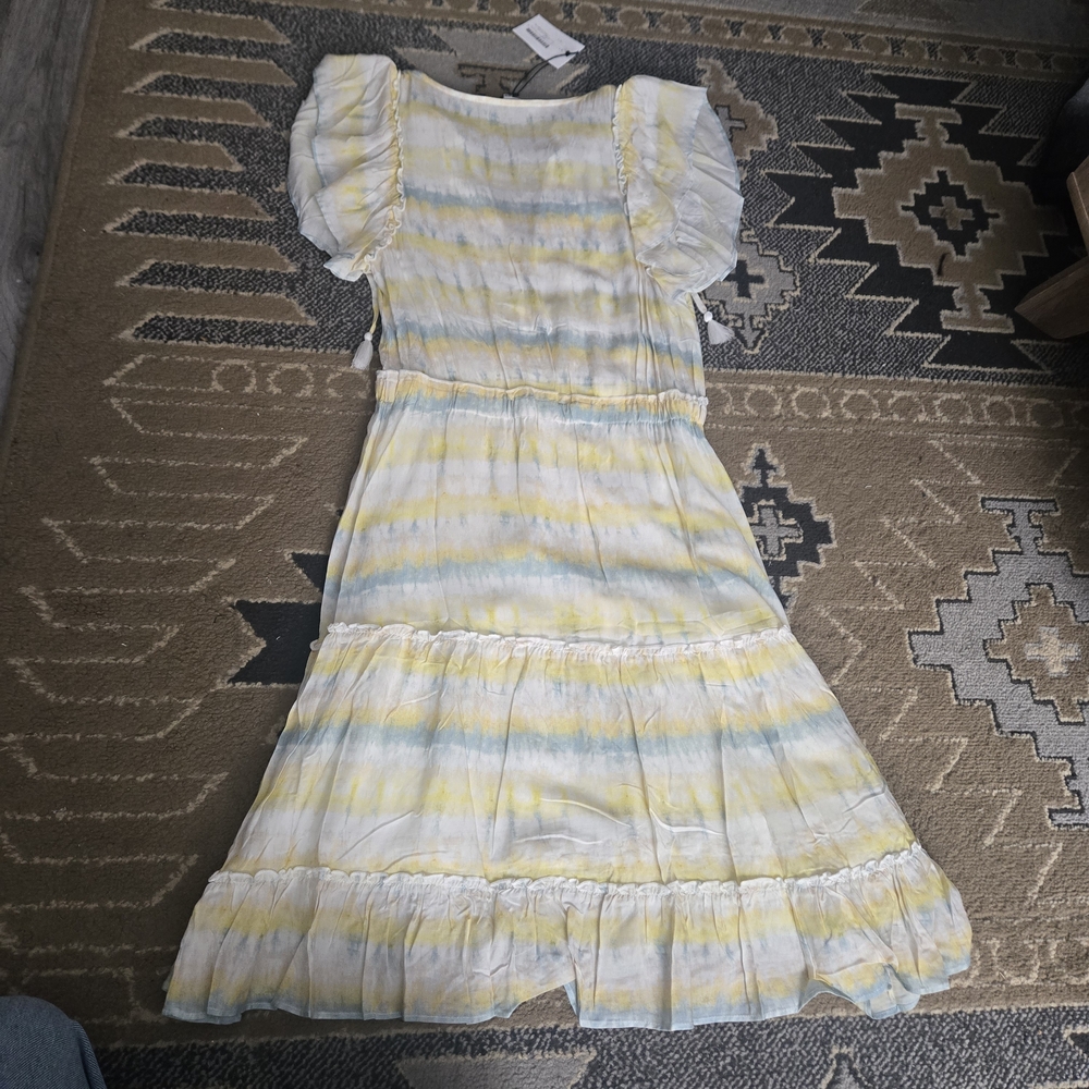 Nwt MELISSA NEPTON Yellow & White Striped Midi Dress | Ruffle Hem Feminine - Picture 3 of 7
